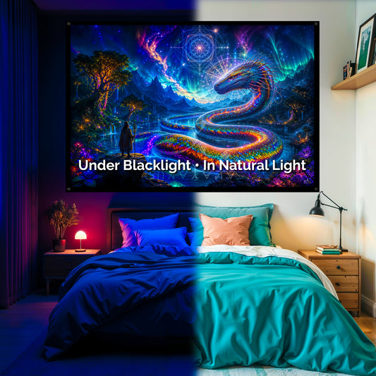 Rainbow Serpent Blacklight Tapestry: UV Reactive Glowing Wall Hanging
