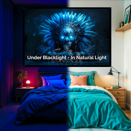 Mayan Shadow Spirit Tapestry: UV Reactive Glowing Wall Hanging