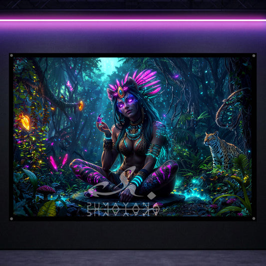 Shaman Goddess Blacklight Tapestry: UV Reactive Glowing Wall Hanging