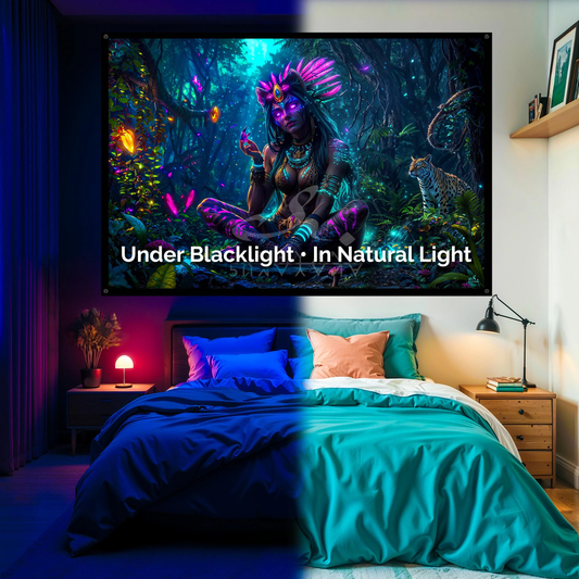 Shaman Goddess Blacklight Tapestry: UV Reactive Glowing Wall Hanging