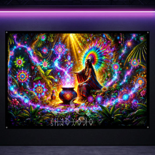 Shaman Goddess Blacklight Tapestry: UV Reactive Glowing Wall Hanging