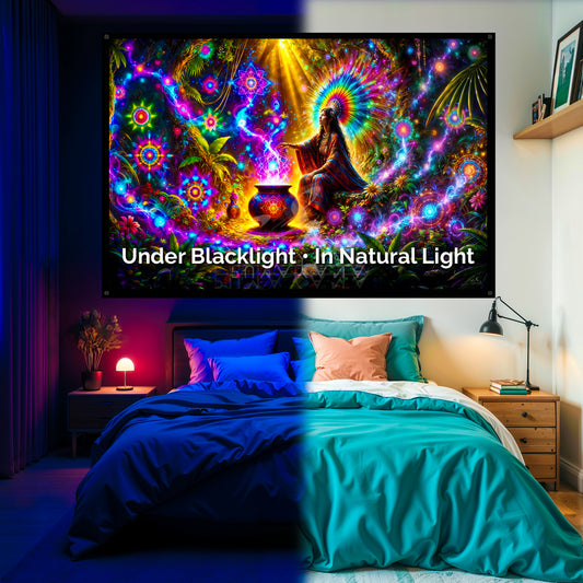 Shaman Goddess Blacklight Tapestry: UV Reactive Glowing Wall Hanging