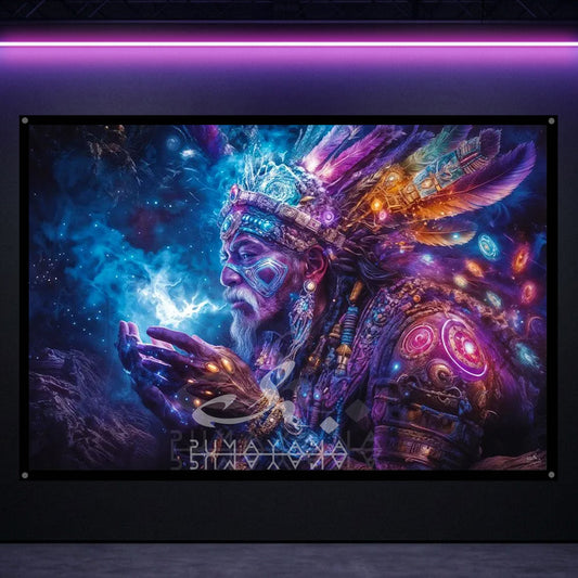 Shaman Smoke Spirit Blacklight Tapestry: UV Reactive Glowing Wall Hanging