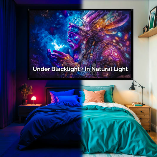 Shaman Smoke Spirit Blacklight Tapestry: UV Reactive Glowing Wall Hanging