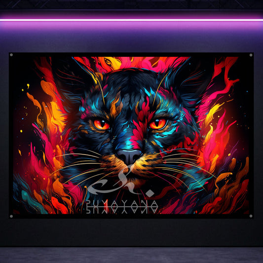 Shamanic Cat Tapestry: UV Reactive Glowing Wall Hanging