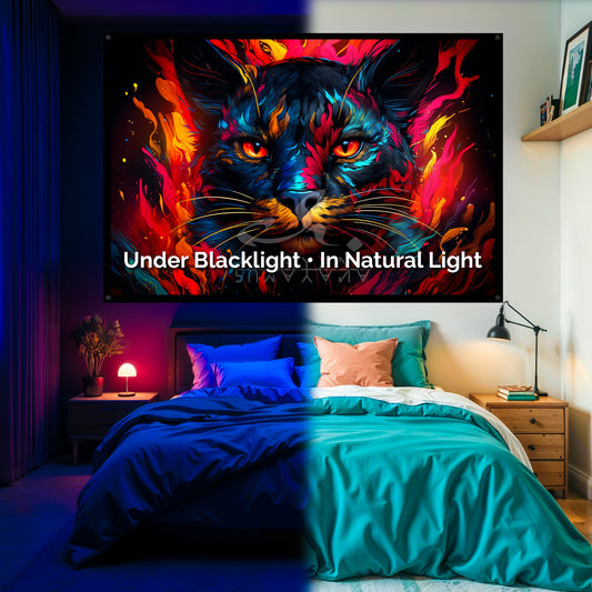 Shamanic Cat Tapestry: UV Reactive Glowing Wall Hanging
