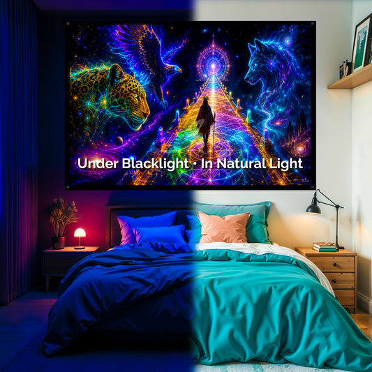 The Shaman Path | Blacklight Tapestry: UV Reactive Glowing Wall Hanging