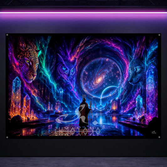 Shamans Cave Blacklight Tapestry: UV Reactive Glowing Wall Hanging