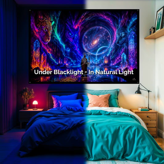 Shamans Cave Blacklight Tapestry: UV Reactive Glowing Wall Hanging