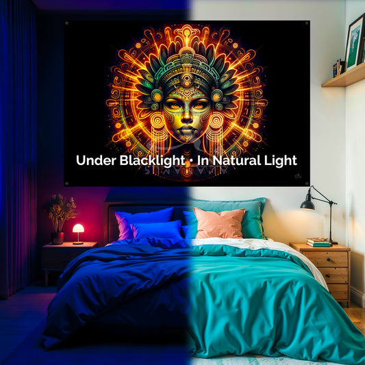 Woman Spirit Guide Blacklight Tapestry: UV Reactive Glowing Wall Hanging