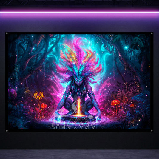 Shaman Woman Spirit Blacklight Tapestry: UV Reactive Glowing Wall Hanging