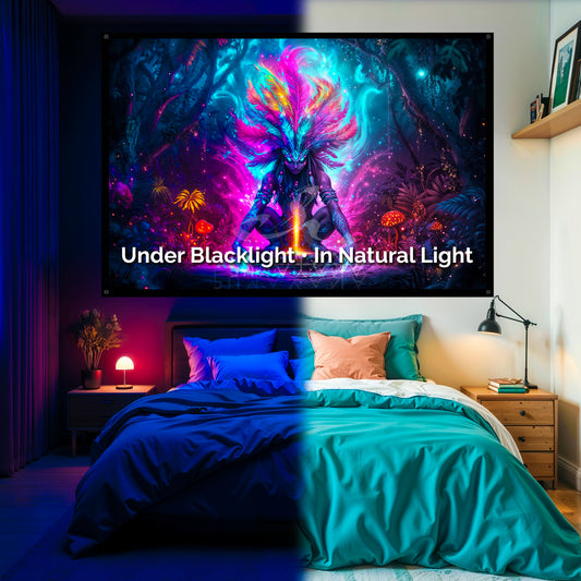 Shaman Woman Spirit Blacklight Tapestry: UV Reactive Glowing Wall Hanging