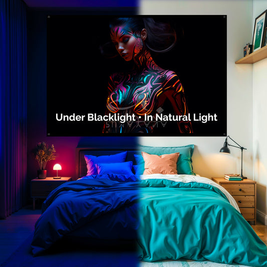 Tantric Goddess Blacklight Tapestry: UV Reactive Glowing Wall Hanging