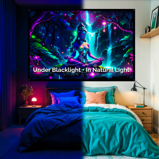 Sacred Feminine Blacklight Tapestry: UV Reactive Glowing Wall Hanging