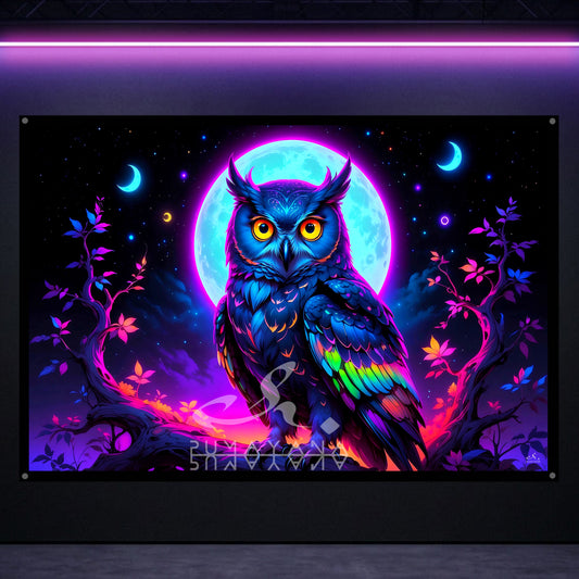 Trippy Owl Blacklight Tapestry: UV Reactive Glowing Wall Hanging