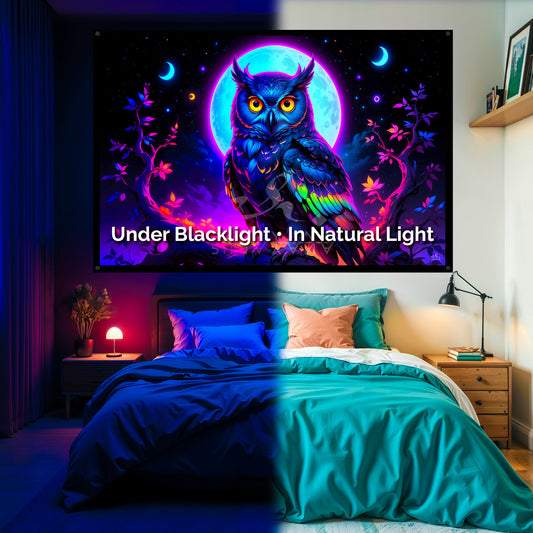 Trippy Owl Blacklight Tapestry: UV Reactive Glowing Wall Hanging