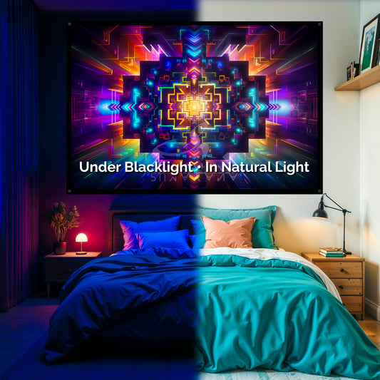 Visionary Pattern Blacklight Tapestry: UV Reactive Glowing Wall Hanging
