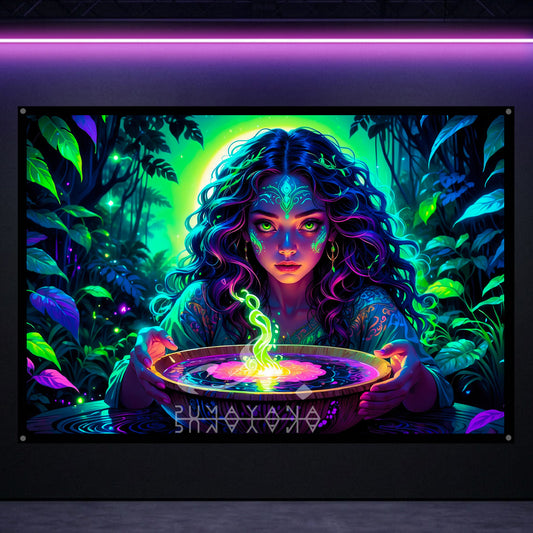 Visionary Woman Shaman Blacklight Tapestry: UV Reactive Glowing Wall Hanging