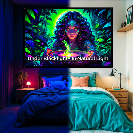 Visionary Woman Shaman Blacklight Tapestry: UV Reactive Glowing Wall Hanging
